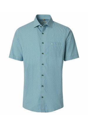 Lyseblå kortærmet skjorte med knapper, små mørke geometriske mønstre og spids krave.
