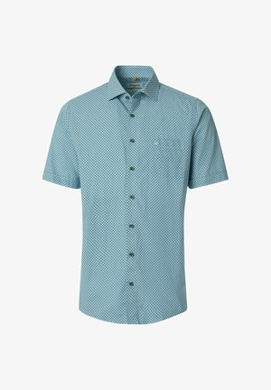 Lyseblå kortærmet skjorte med knapper, små mørke geometriske mønstre og spids krave.