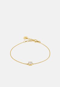 Pulsera de cadena de oro con un brillante de cristal transparente en el centro, colocado en un engaste de cuatro garras, con un cierre de langosta y longitud ajustable.