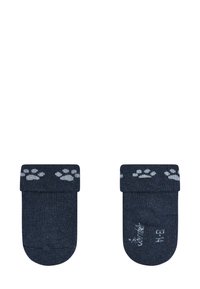 Blue cotton ankle socks with folded cuffs, featuring light gray paw print patterns and ribbed texture on the top part.