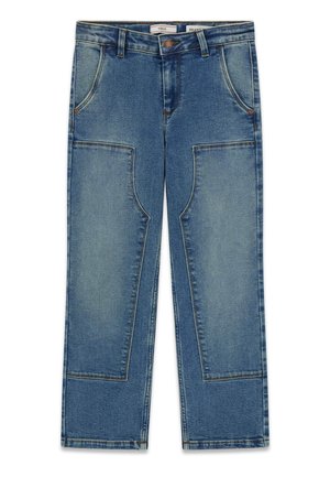 Blaue Jeans aus Denim mit großen rechteckigen Knieflicken, Vordertaschen, Gürtelschlaufen und einem Knopfverschluss.