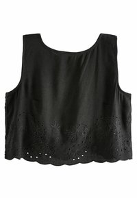 Svart kort topp med broderad blommönster och vågig nederkant. Tillverkad av lätt tyg, med hålmönster längs den nedre kanten.