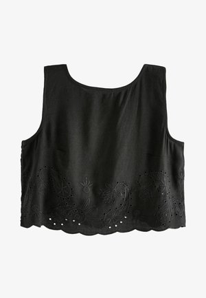 Črn prerezan top z vezenim cvetličnim vzorcem in valovitim robom. Narejen iz lahkotnega materiala, z očesnimi detajli vzdolž spodnjega roba.