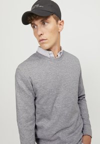 Gray sweatshirt with a round neckline, featuring a ribbed hem. Worn over a white and black striped collared shirt. Black cap with text.
