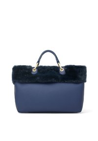 Borsa in pelle blu con rifinitura in pelliccia in alto, dettagli in metallo dorato e forma strutturata. Presenta due manici corti per il trasporto.