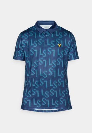 Camisa polo navy con un patrón repetido de "LS" en turquesa, con una tapeta de tres botones y un logo de águila amarilla en el pecho.