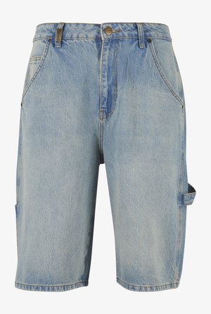 Jeansshorts in Hellblau mit einem klassischen Fünf-Taschen-Design, sichtbaren Nähdetails und einer seitlichen Cargo-Tasche mit Schlaufe.