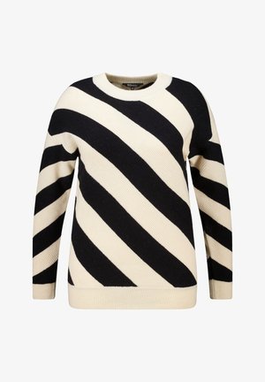 Gebreide trui in crème en zwart met een diagonaal gestreept patroon. Ronde halslijn, lange mouwen en geribde boorden en zoom.