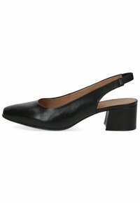 Svart läderslingback pump med spetsig tå, måttlig klack och en slät textur. Har en utskärning vid fotens ovandel.