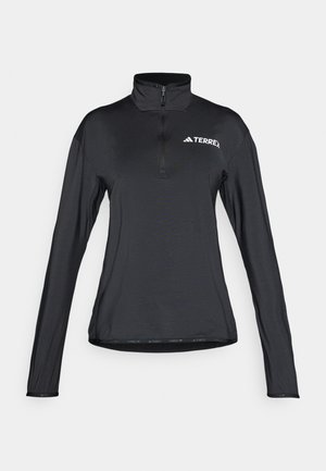 Black long-sleeve quarter-zip top with a high collar, made from a smooth, lightweight fabric. Features "TERREX" logo in white.