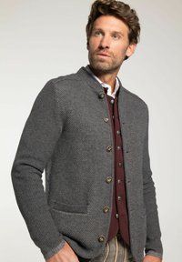 Homme portant un cardigan gris texturé à boutons sur un gilet bordeaux et une chemise blanche, se tenant devant un fond clair.