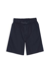 Pantaloni corti blu navy realizzati in tessuto leggero, dotati di una cintura elastica, chiusura con bottone e tasche laterali. Design semplice senza fantasie.