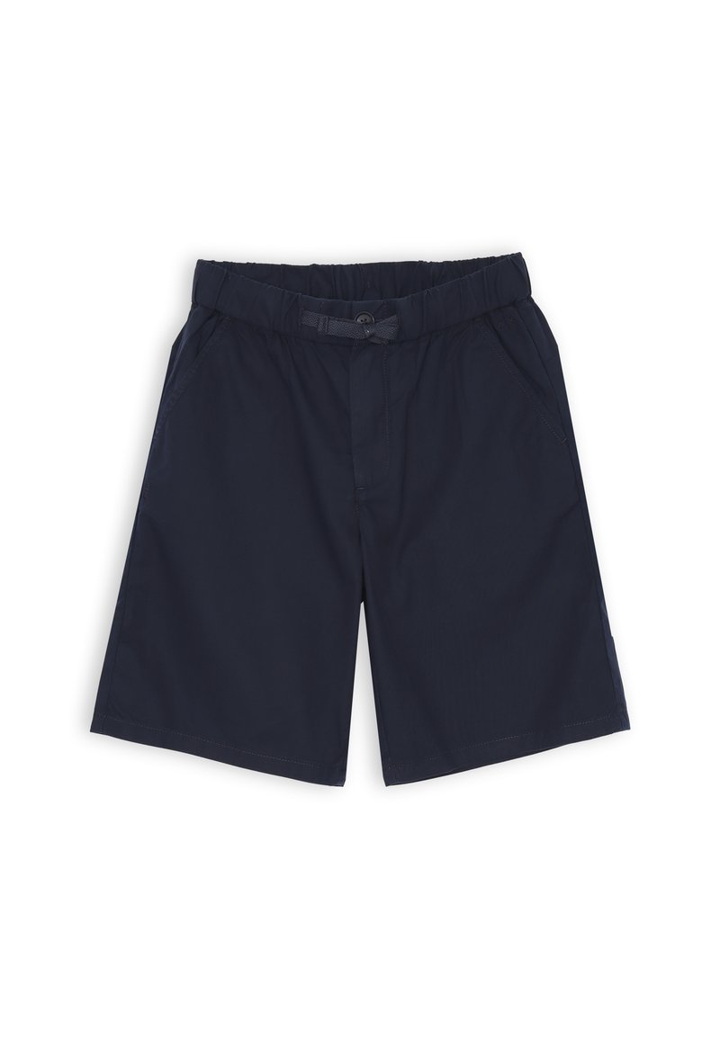 Pantaloni corti blu navy realizzati in tessuto leggero, dotati di una cintura elastica, chiusura con bottone e tasche laterali. Design semplice senza fantasie.