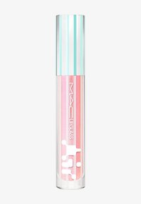 Lipglass MAC in un tubo trasparente con strisce turchesi e fucsia; contiene un lucidalabbra lucido e pallido di colore rosa; presenta un applicatore elegante.