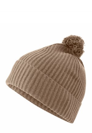Berretto di maglia color marrone chiaro con una texture a coste e un morbido pom-pom sopra; offre un design aderente per calore e comfort.