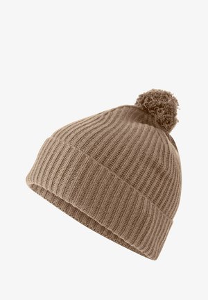 Berretto di maglia color marrone chiaro con una texture a coste e un morbido pom-pom sopra; offre un design aderente per calore e comfort.