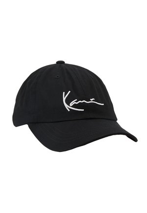 Black cotton baseball cap with a curved visor and white embroidered logo on the front. Features stitching details and ventilation holes.