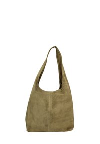 Zachte suède tas in olijfgroen met een slome hobo-vorm, voorzien van een brede schouderband en verticale stikseldetails aan de voorkant.