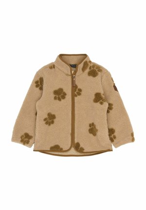 Beige Fleecejacke mit braunen Pfotenmuster, Frontreißverschluss und braunem Besatz an Kanten und Kragen.