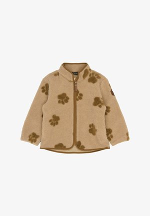 Giacca in pile beige con motivo di impronte di zampe marroni, zip frontale e rifiniture marroni lungo i bordi e il colletto.