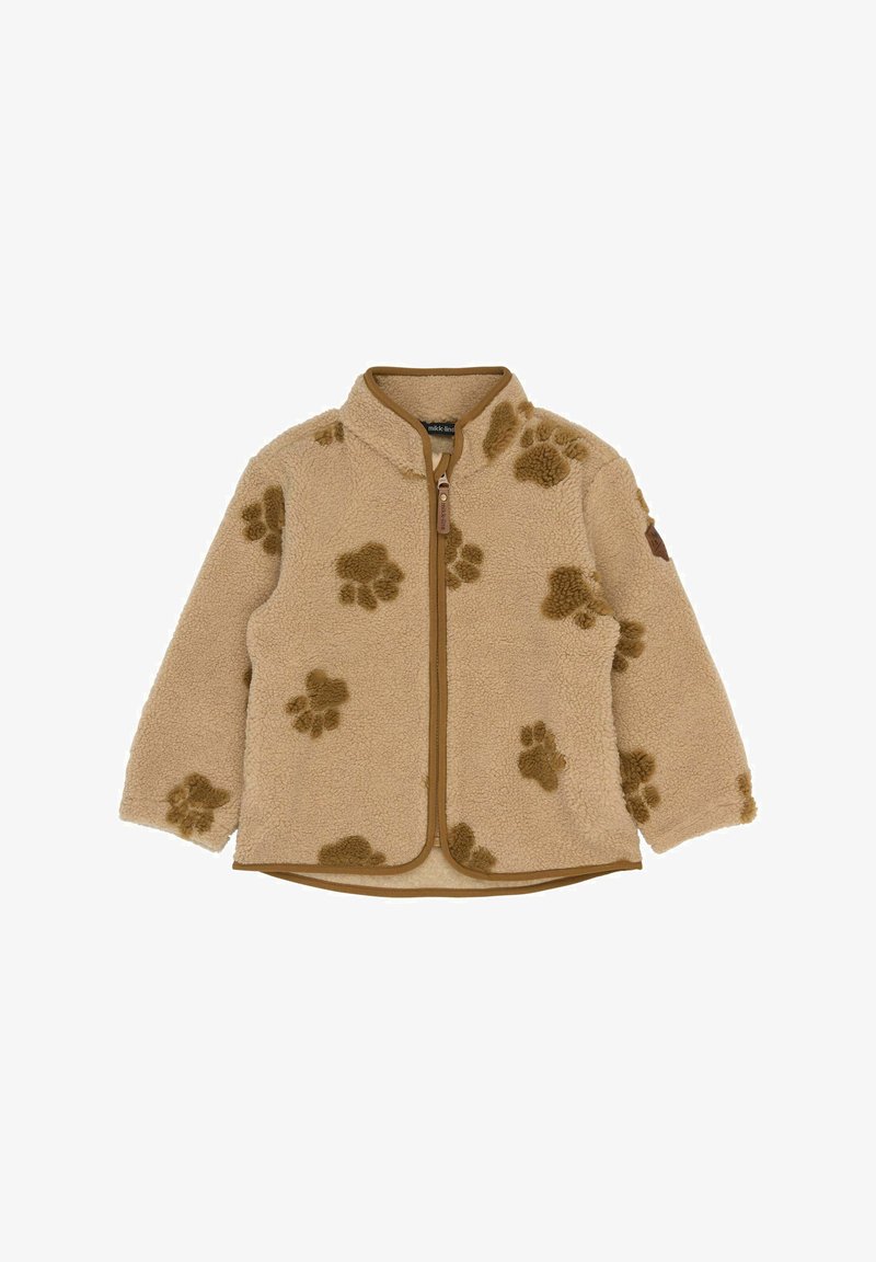 Béžová fleecová bunda s hnedými vzormi v podobe labiek, predným zipsom a hnedým lemovaním okolo okrajov a goliera.