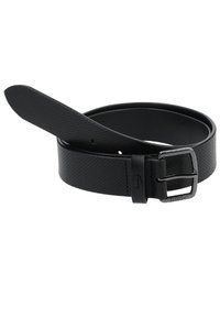 Black leather belt with a perforated design, a silver metal buckle, and an embossed logo. Features a smooth texture and classic shape.