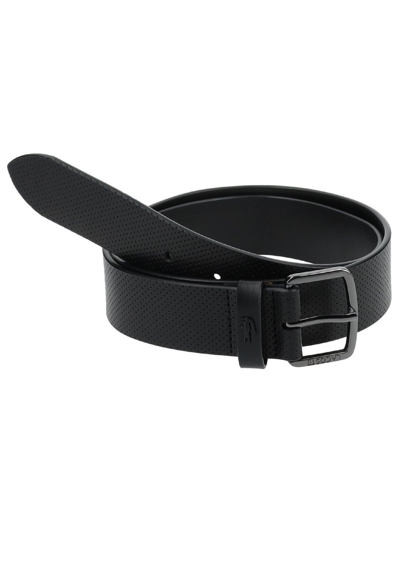Black leather belt with a perforated design, a silver metal buckle, and an embossed logo. Features a smooth texture and classic shape.
