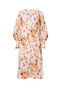 Abito midi floreale in tessuto leggero, presenta una scollatura a V, maniche a sbuffo e una fessura anteriore, con motivi di fiori rossi, arancioni e gialli.