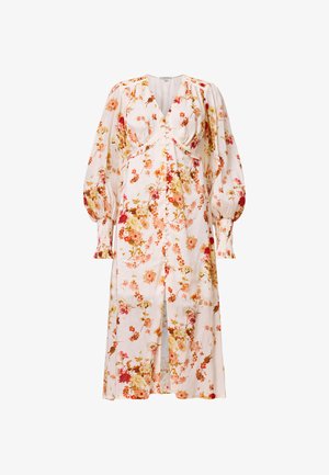 Abito midi floreale in tessuto leggero, presenta una scollatura a V, maniche a sbuffo e una fessura anteriore, con motivi di fiori rossi, arancioni e gialli.