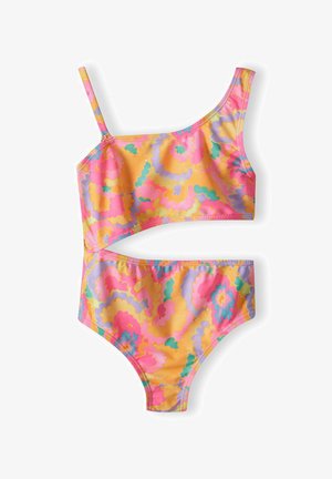 Costume da bagno a due pezzi con top a spalla unica e bottom a vita alta. Realizzato in tessuto elastico con vivaci motivi floreali nei colori rosa, giallo e viola.