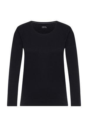 Schwarzes Langarmhemd für Frauen mit rundem Ausschnitt, aus glattem Stoff gefertigt, mit dem Etikett "Cecil Essentials" im Kragen.