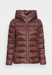 Braune Steppjacke mit glänzendem Finish, durchgehendem Reißverschluss und großer, gefalteter Kapuze. Mit horizontalen Nähten und zwei Seitentaschen ausgestattet.