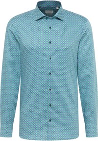 Langarmshirt met een groen en blauw geometrisch patroon, knopenfront, puntige kraag en een gladde stofstructuur.