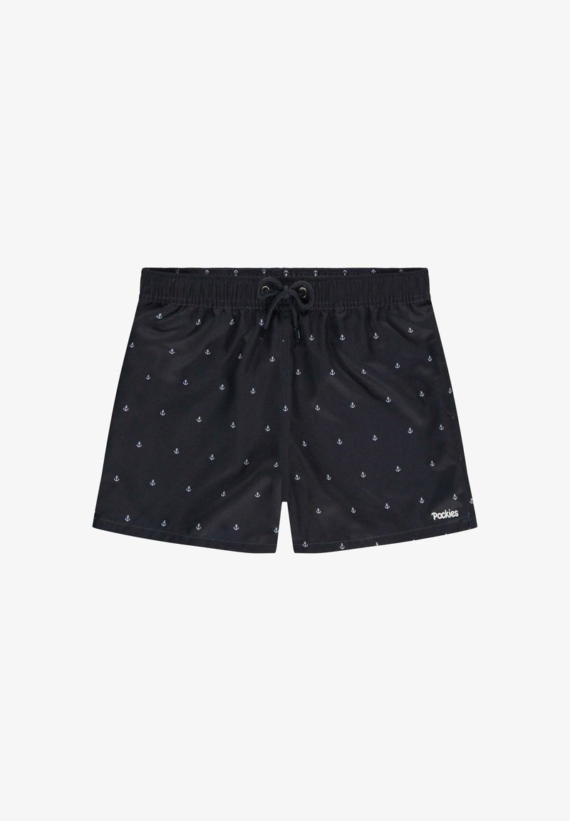Juodos maudymosi šortai su raištelio juosmeniu, puošti mažomis baltomis inkarų raštais visame paviršiuje. Pagaminti iš lygios, lengvos medžiagos.