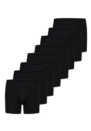 Sette paia di boxer neri da uomo disposti diagonalmente su uno sfondo bianco senza dettagli aggiuntivi.
