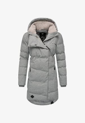 Grå dunjakke med blødt, beige fleecefor, lynlåslukning, oversize krave og to sidelommer. Har et logodetalje ved kanten.