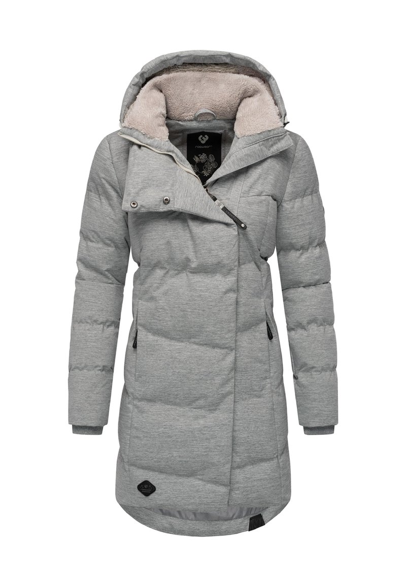 Siva puhovka z mehko bež flisasto podlogo, zadrgo, prevelikim ovratnikom in dvema stranskima žepoma. Ima logotip na spodnjem robu.