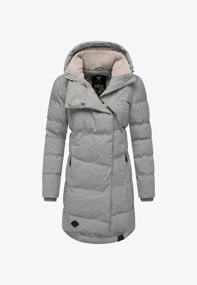 Siva puhovka z mehko bež flisasto podlogo, zadrgo, prevelikim ovratnikom in dvema stranskima žepoma. Ima logotip na spodnjem robu.