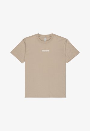Beige puuvillane t-särk lühikeste varrukatega, ümmargune kaelaauk ja valge "element" logo rinnal keskel. Sile ja kerge tekstuur.