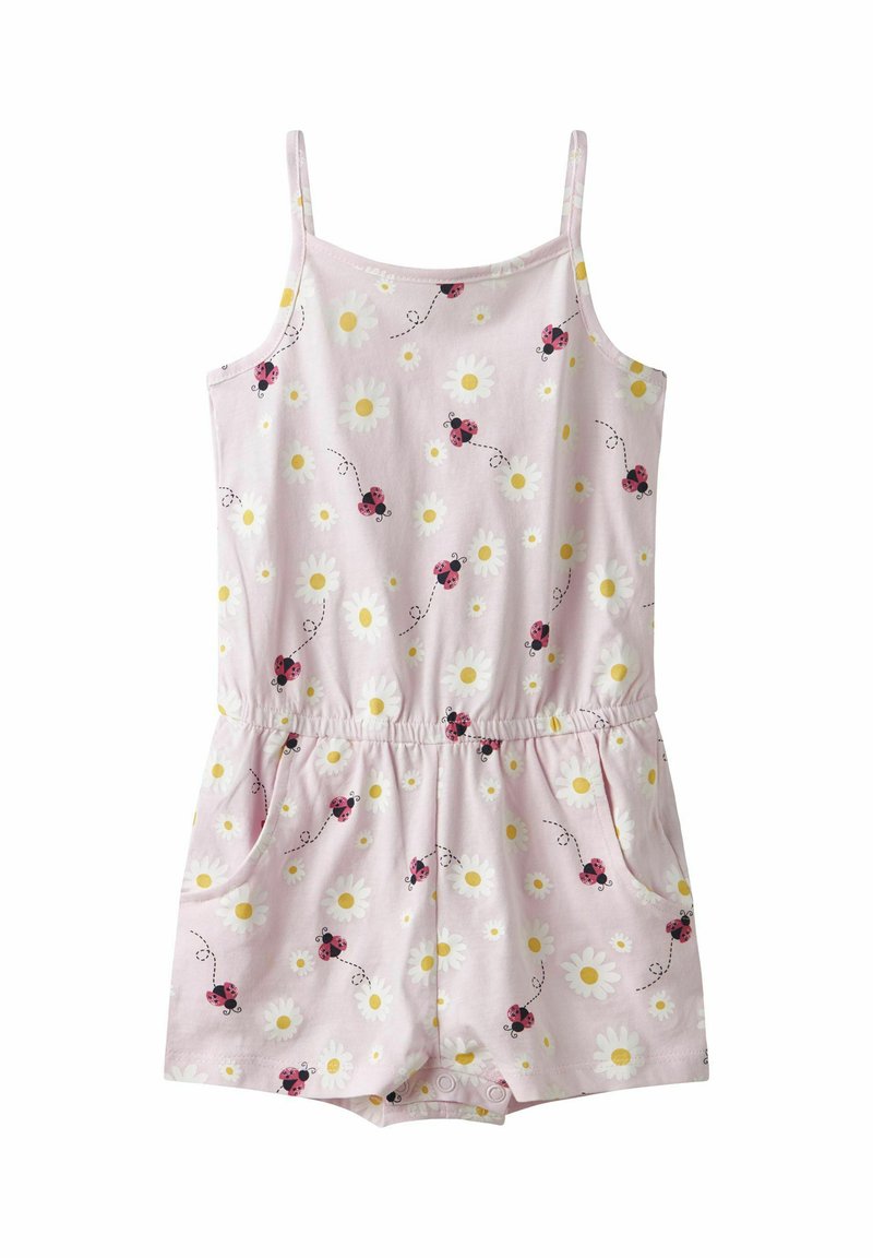 Romper de algodón en rosa claro con un patrón floral de margaritas y mariquitas, tirantes ajustables, cintura elástica y dos bolsillos.