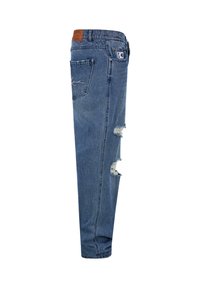 Jeans in denim azzurro chiaro, con un design a gamba dritta, ginocchia strappate e un'etichetta in pelle sulla vita.
