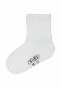 Weißer Baumwollsocke mit einem gerippten Bündchen, runder Zehenform und einem rutschfesten Punktmuster an der Sohle; graue Größenangabe auf der Seite.