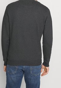 Felpa grigia scura con maniche lunghe, polsini e orlo a coste. Il tessuto è morbido e liscio. Abbinata a un paio di jeans in denim blu.