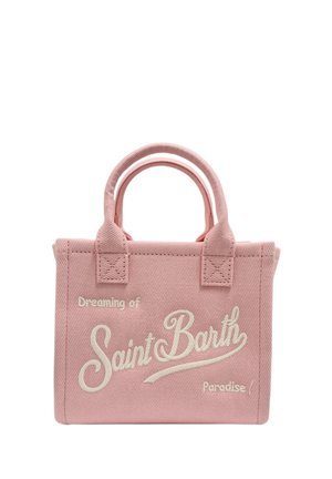 Piccola borsa in tessuto rosa con doppi manici e testo ricamato bianco ""Dreaming of Saint Barth Paradise"" sul davanti.