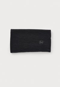 Bandeau en tissu noir, légèrement texturé avec une finition lisse. Présente un petit logo ovale Buff sur le côté. Forme rectangulaire, design élastique.