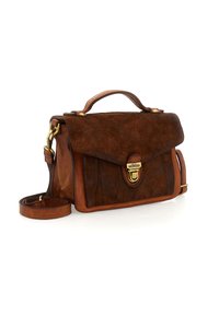 Borsa a tracolla in suede e pelle marrone con manico superiore, chiusura a scatto oro e tracolla removibile su uno sfondo bianco.