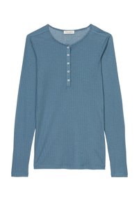 Długi rękaw, ribbed koszulka w miękkim niebieskim kolorze, z okrągłym dekoltem i pięcioma guzikami. Gładka faktura z delikatnymi poziomymi liniami.