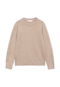 Beige villapaita, joka on valmistettu pehmeästä neuloksesta; siinä on pyöreä pääntie, pitkät hihat sekä resorireunat hihansuissa ja helmassa. Yksinkertainen, klassinen muotoilu.