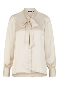 Blusa in satin beige con scollo annodato, maniche lunghe con polsini abbottonati e orlo dritto. Texture liscia e design leggero.