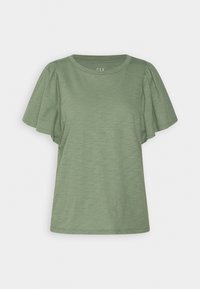 Kortærmet t-shirt med rund hals i dæmpet grøn. Lavet af blødt, struktureret stof med puffede ærmer. Enkel, afslappet design uden mønstre.